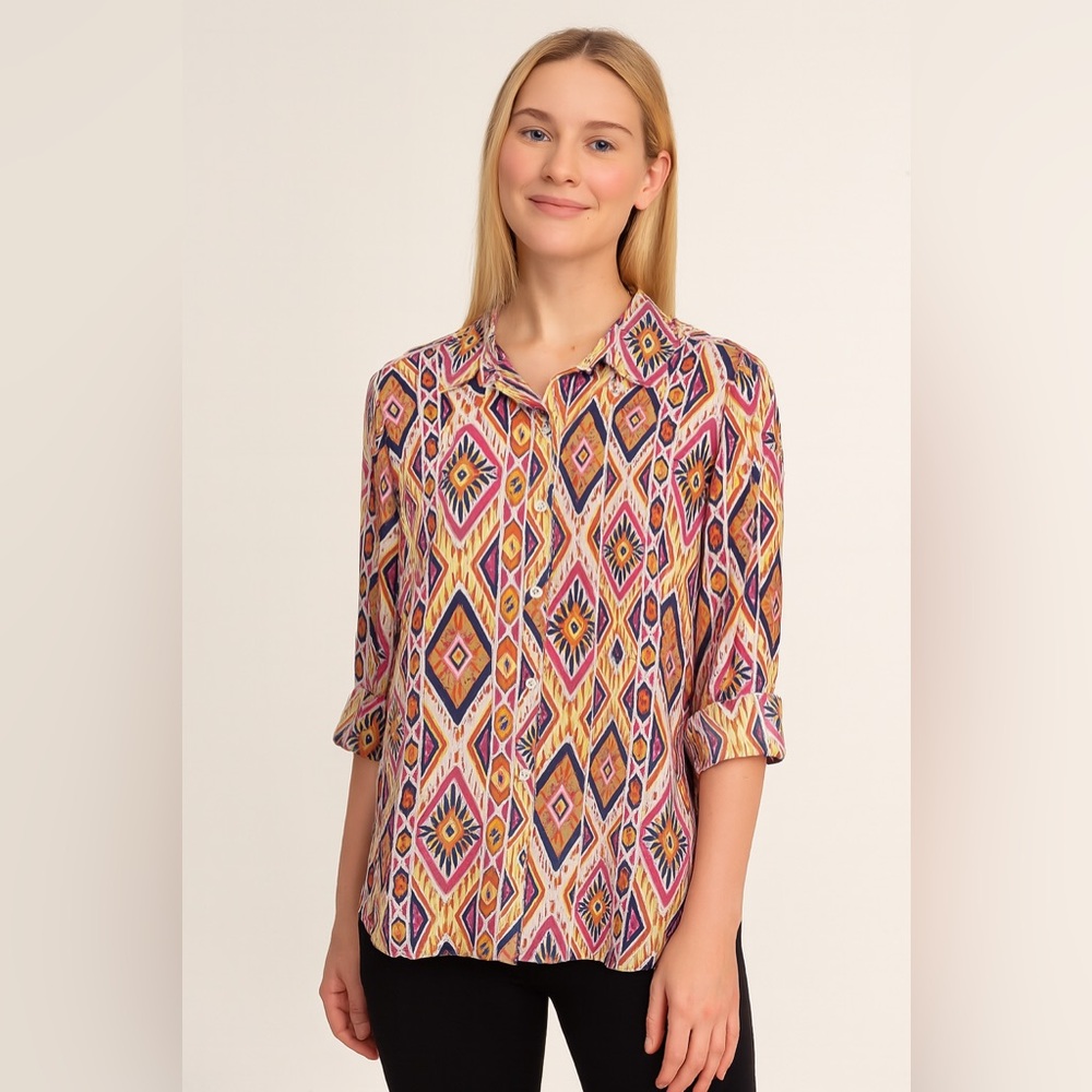 Chicos Ikat 100% Linen Button Back Shirt